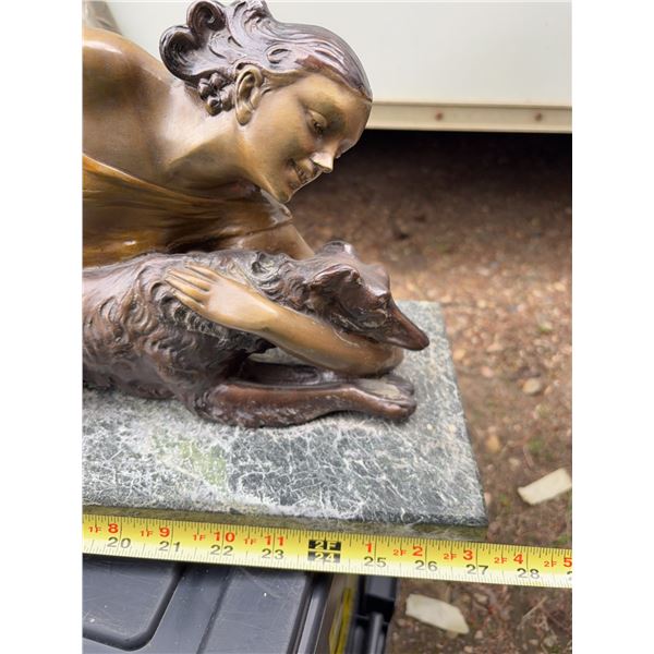Bronze Figure of Woman with Dog on Marble