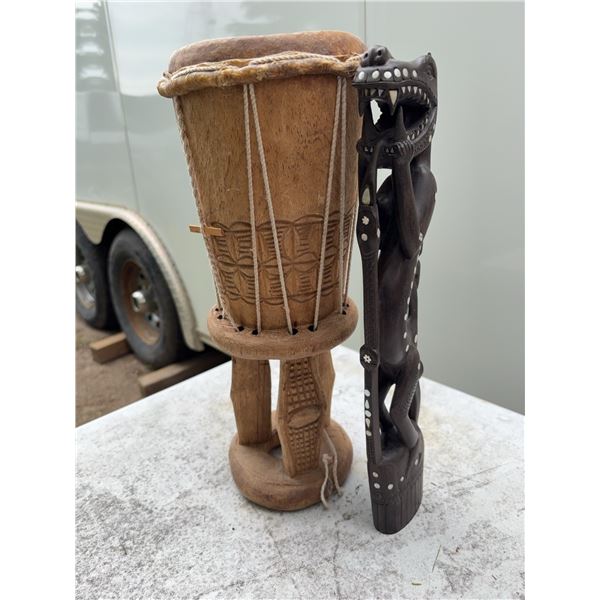 African Carved Wooden Drum and Figurine