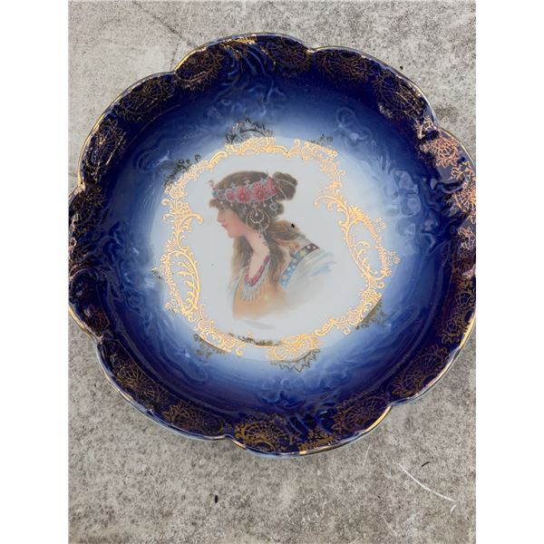 Antique Portrait Bowl With Cobalt Blue & Gilt, 9-Inch Hand Painted