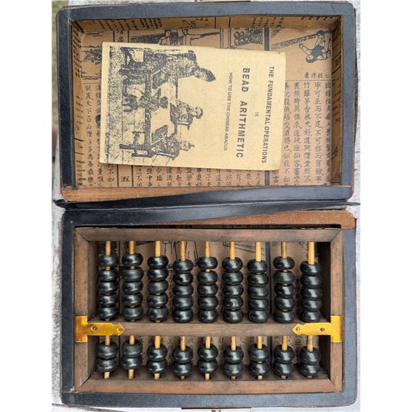 Vintage Chinese Abacus in Hand-Painted Dragon Box with Guide
