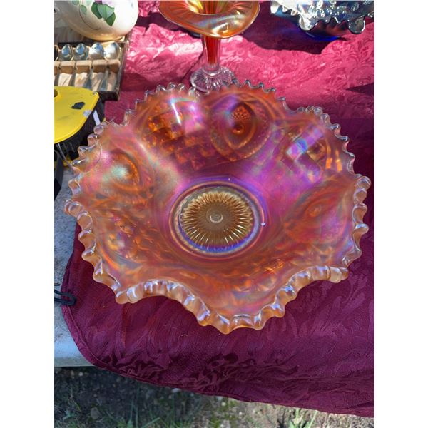 Vintage Marigold Carnival Glass Ruffled Edge Bowl, 10"