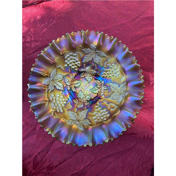 Vintage Carnival Glass Bowl With Grape & Leaf Motif, 9"