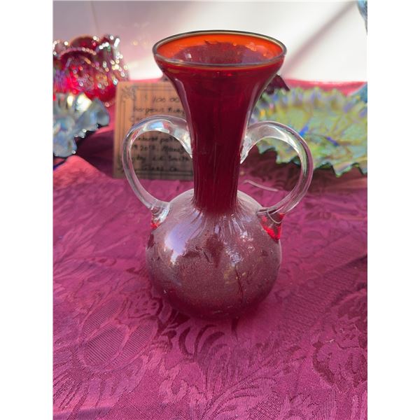 Ruby Red Art Glass Vase with Twin Handles, 8 Inches Tall