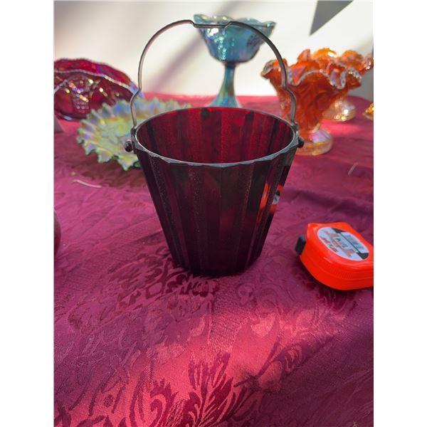 Vintage Deep Ruby Red Pressed Glass Bucket with Metal Handle