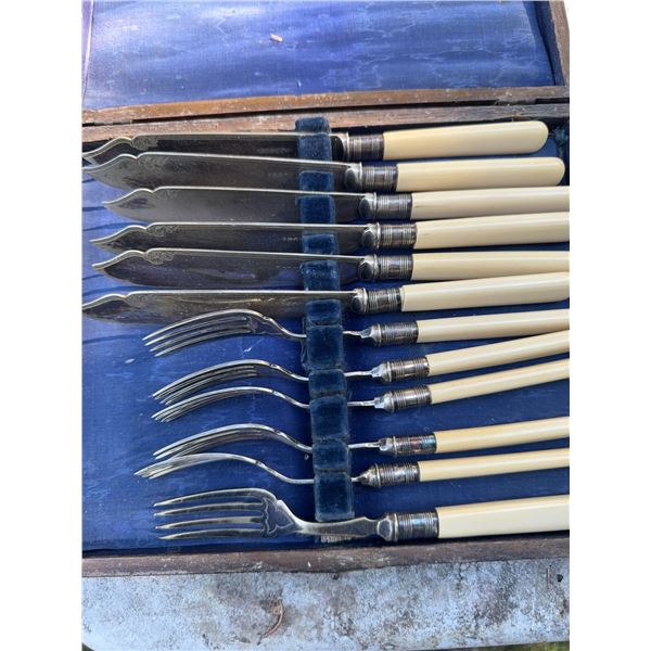 Antique Silver-Plated Fish Knife and Fork Set in Box