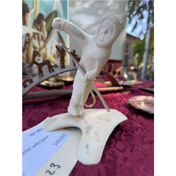 Inuit Carving by Aja – Hunter with Spear on Antler Base