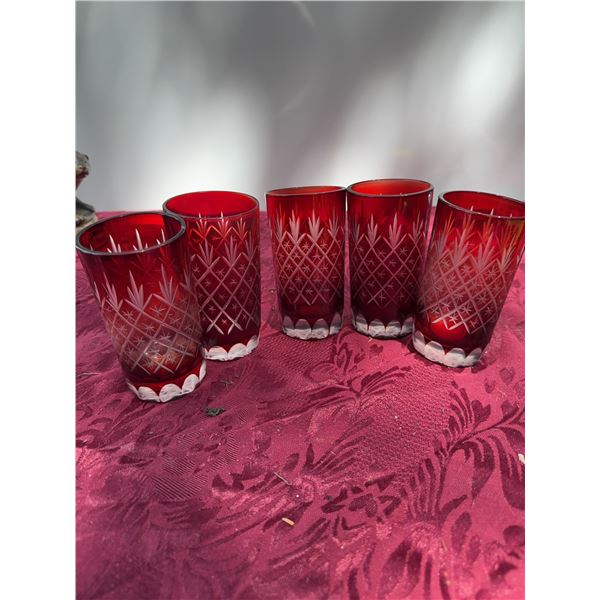 5 Vintage Red Cut-to-Clear Crystal Glasses, 4.75" Tall
