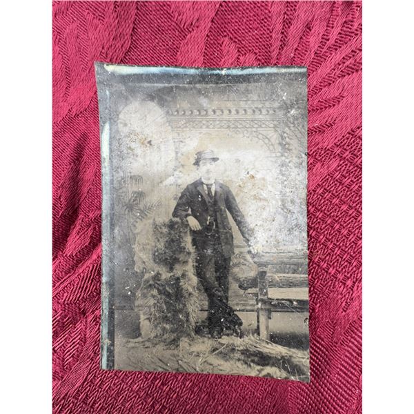 Antique 19th Century Tintype Portrait of Man in Studio Setting