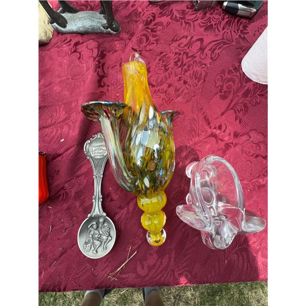Colourful Art Glass Vase, Nachtmann Elephant & 1990 Pewter Spoon