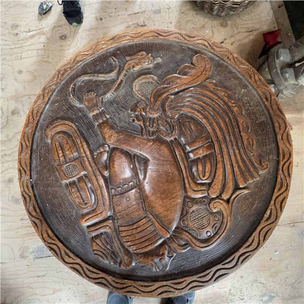 Hand-Carved Mexican Aztec-Style Round Wood Coffee Table