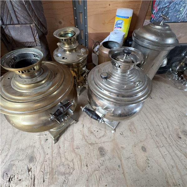 3 Vintage Russian Samovars And Metal Pitcher