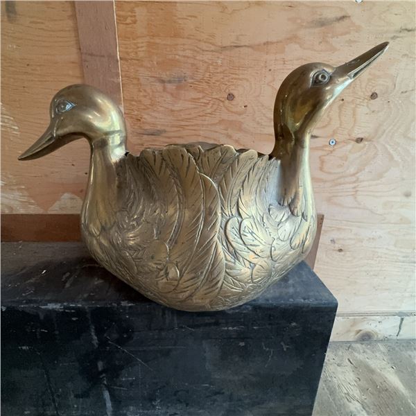Large Brass Double-Headed Duck Planter 20 in x 14 in