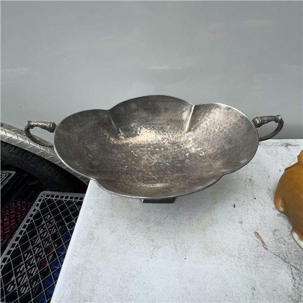 Antique Hammered Silverplate Pedestal Bowl with Handles