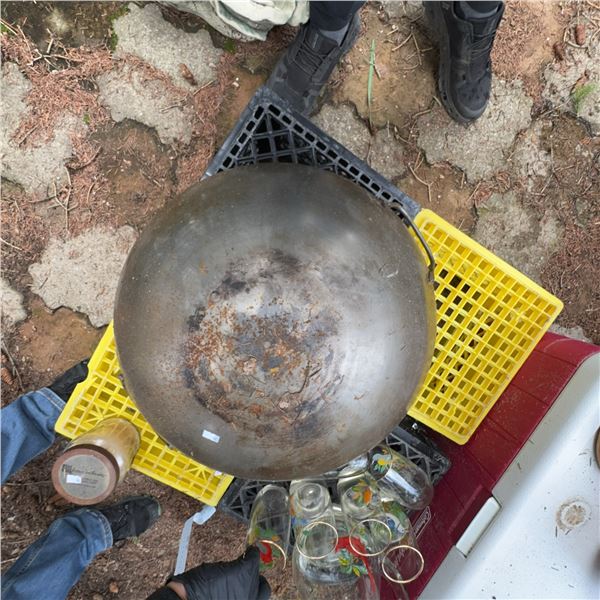 Vintage Metal Wok, Nesting Enamel Bowls, and Glassware Assortment
