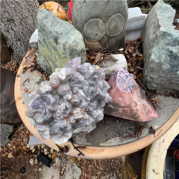 Large Assorted Outdoor Decorative Stones, Planters, and Garden Decor