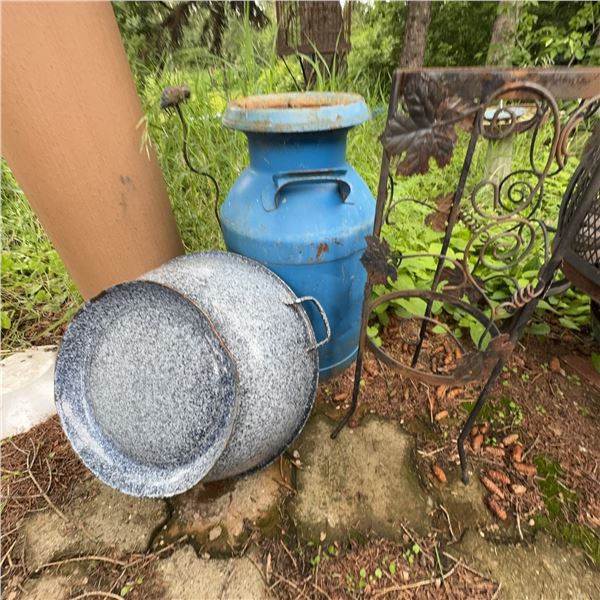 Vintage Blue Milk Can, Enamel Basin & Wrought Iron Plant Stand