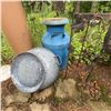 Image 1 : Vintage Blue Milk Can, Enamel Basin & Wrought Iron Plant Stand