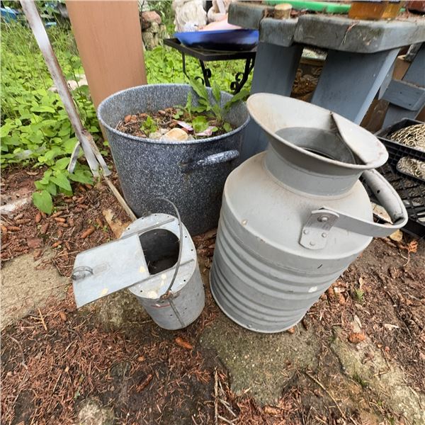 Vintage Grey Metal Milk Cans and Pail Set