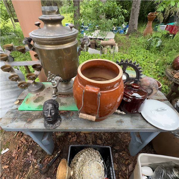 Vintage Brass Samovar and Ceramic Crock Assortment