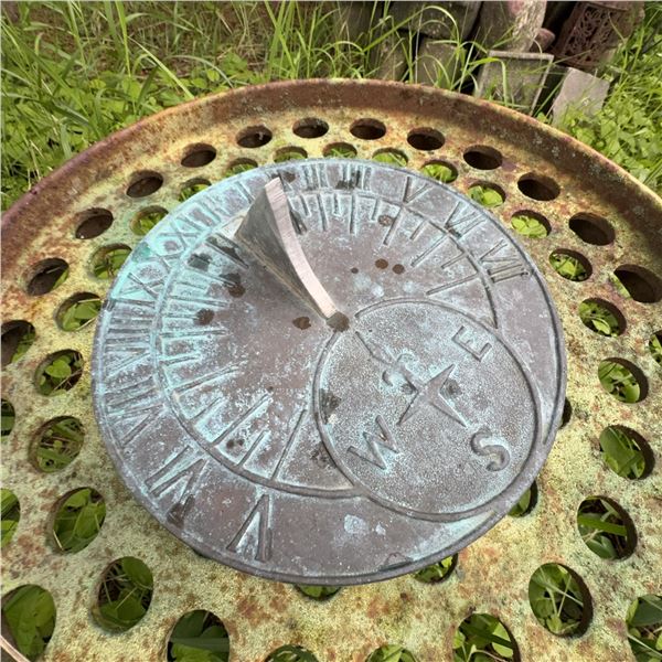 Vintage Metal Sundial on Industrial Tractor Seat Stand