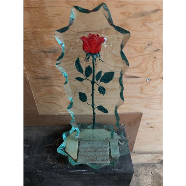 Glass Plaque with Red Rose and Arabic Inscription