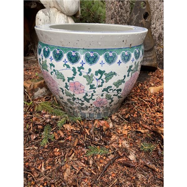 Large Ceramic Fish Bowl Planter with Floral Motif, 21" Diameter