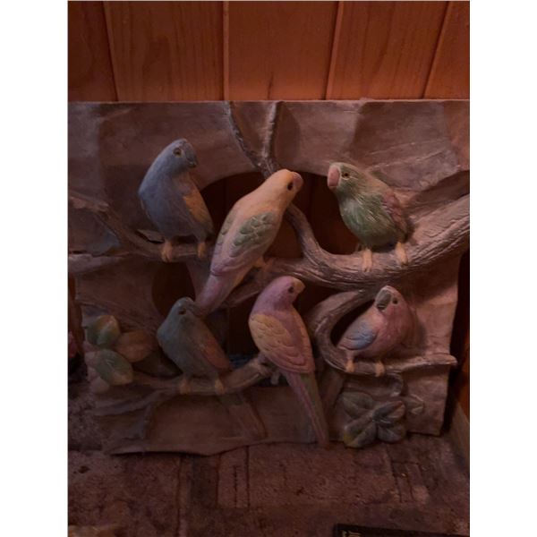 Painted Plaster Wall Plaque with Six Parrots