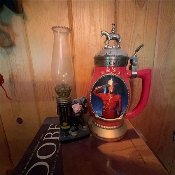 Royal Canadian Mounted Police Porcelain Stein & Glass Oil Lamp