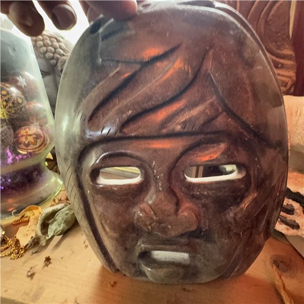 Hand-Carved Stone Face Mask Wall Art