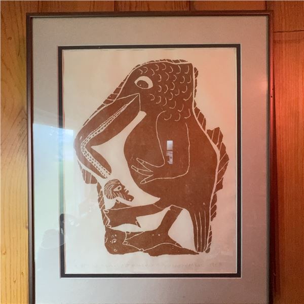 Inuit Print of Large Bird and Seal, Signed, 1968