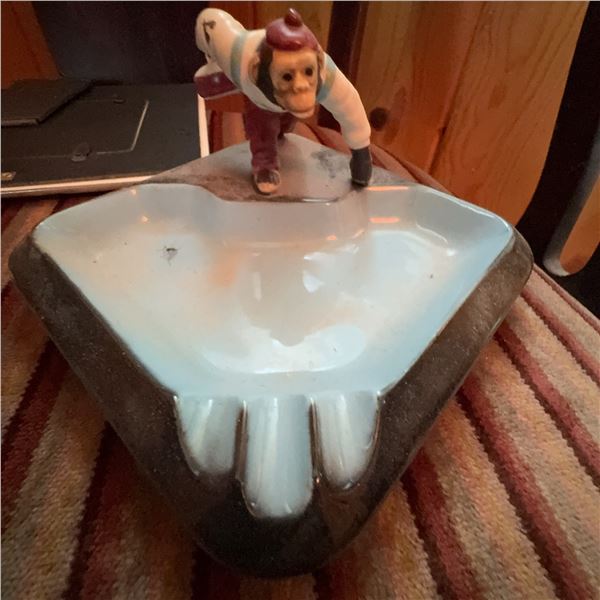 Vintage S.S. Japan Ceramic Ashtray with Monkey Figure