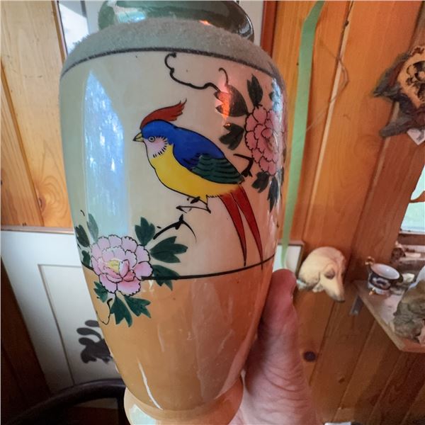 Hand Painted Japanese Vase With Bird and Floral Design