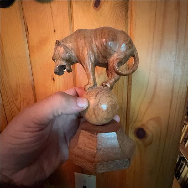 Hand-Carved Wooden Panther on Ball Figurine