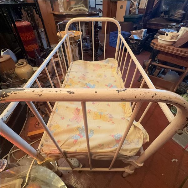 Vintage White Metal Baby Crib with Mattress