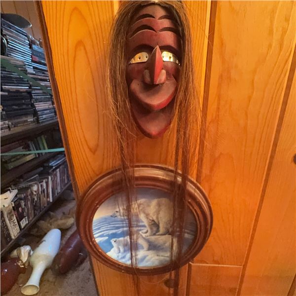 Handcrafted Wooden Witch Mask with Long Hair