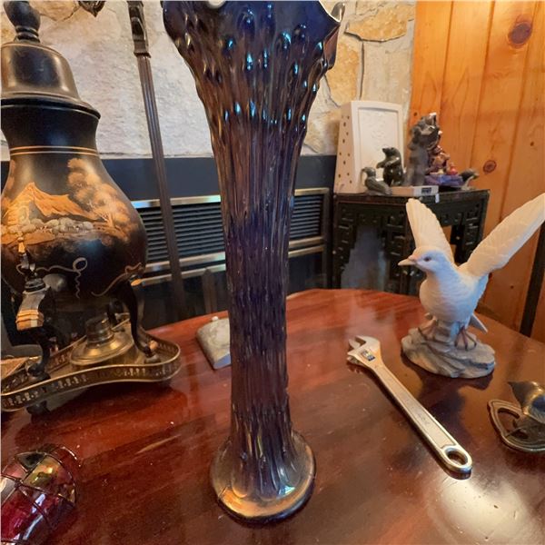 Vintage Iridescent Amethyst Carnival Glass Vase 12"