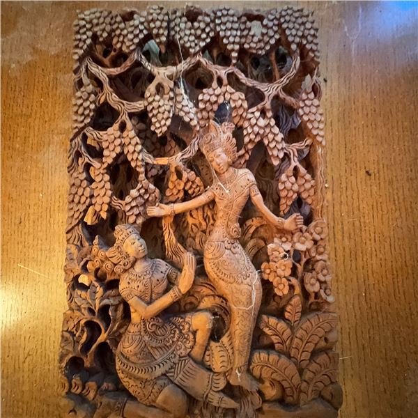 Hand-Carved Balinese Wooden Relief Panel with Figures