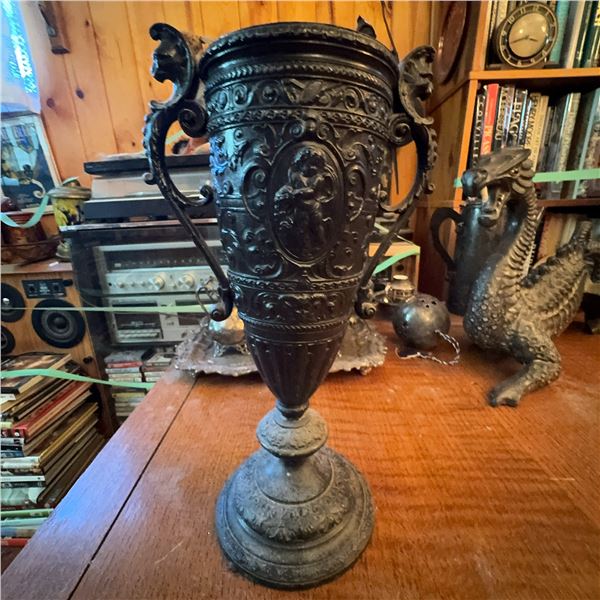 Antique Ornate Cast Metal Trophy Urn, Cherub Decoration, 16" Tall