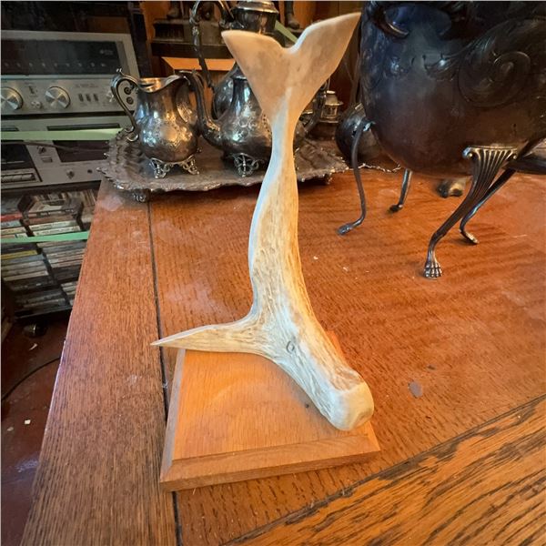 Carved Antler Whale Tail Sculpture on Wood Base