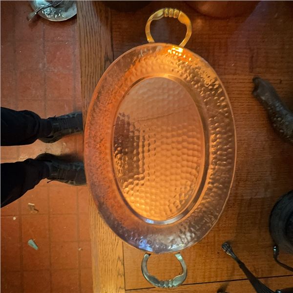 Hammered Copper Oval Serving Tray With Brass Handles, Made In India