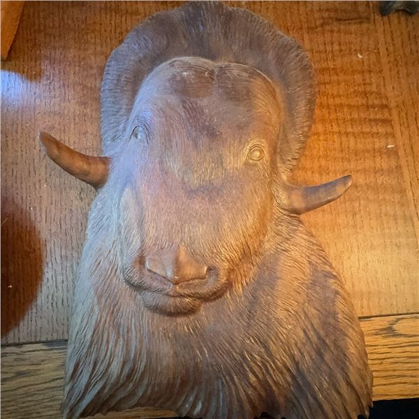 Carved Wood Musk Ox Head Wall Plaque, 14 Inches