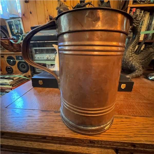 Large Antique Copper Tankard With Lid, 9.5" Tall