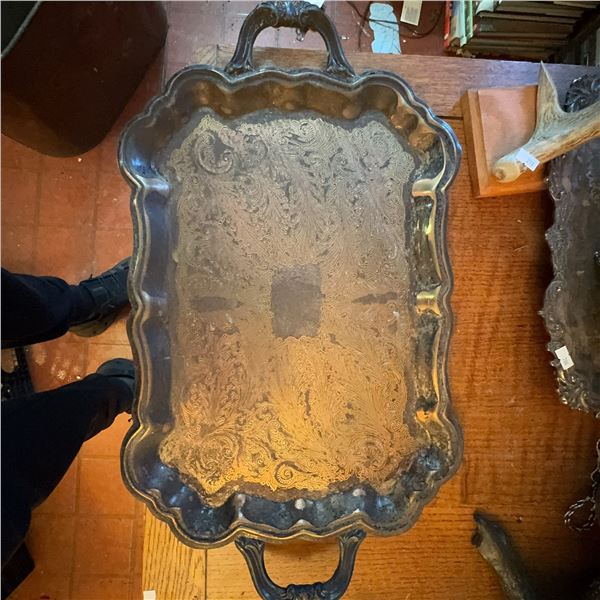 Large Ornate Silver-Plated Serving Tray with Handles