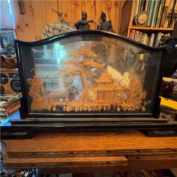 Large Chinese Cork Diorama With Pavilion, Framed Glass Case