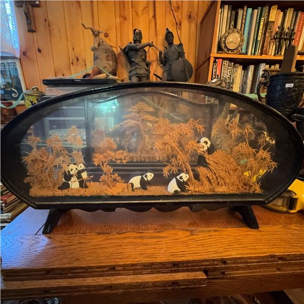 Vintage Chinese Diorama With Panda Figures in Glass Case