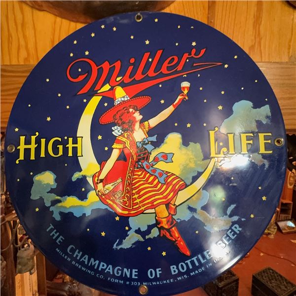 Miller High Life Tin Beer Sign, 12-Inch Round