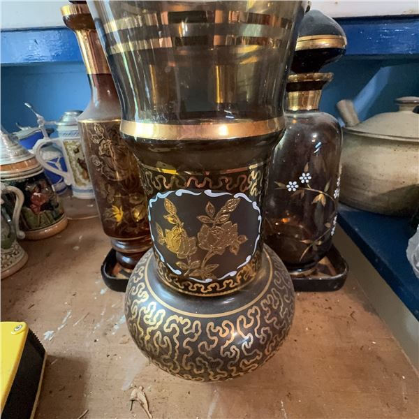 Vintage Ornate Glass Hookah Base with Gold Floral Designs