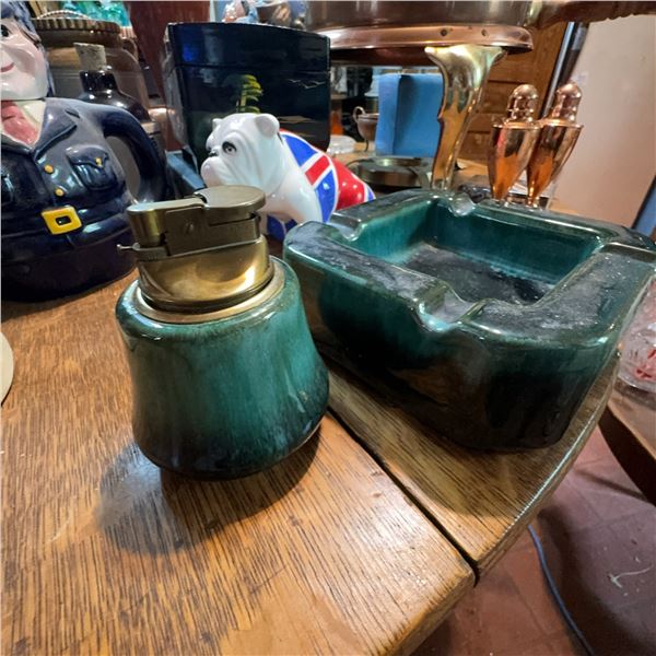 Vintage Green Ceramic Ashtray and Tabletop Lighter Set