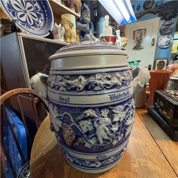 Large German Westerwald Stoneware Punch Bowl Set with Lid and Mugs