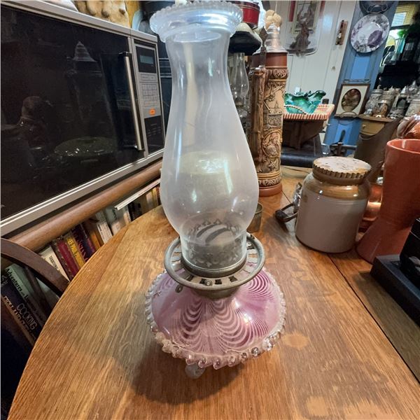 Victorian Art Glass Oil Lamp With Swirled Cranberry Base